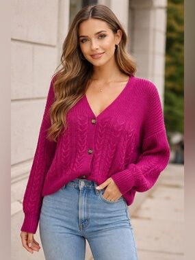 Splendid Fuchsia  V-Neck Button Sweater